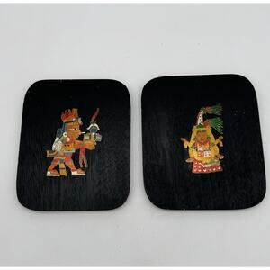 Vintage Mexican Wood Enamel Aztec Wall Art Plaques Set Of 2 October November